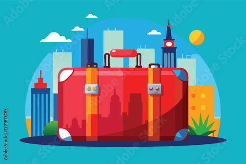 Red suitcase with city skyline in background under bright sunlight