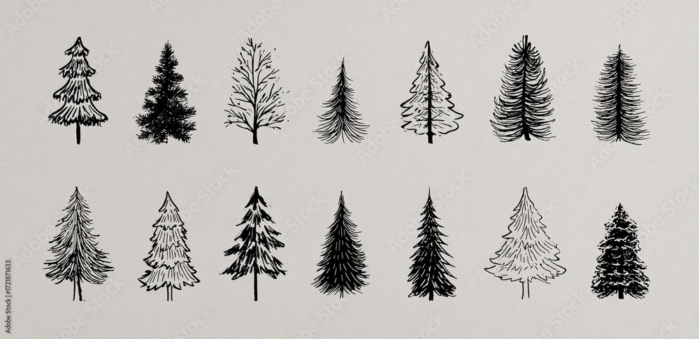 Obraz premium Collection of hand drawn pine trees in silhouette style