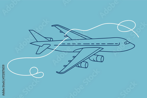 Stylized airplane flying with a winding line against a blue background