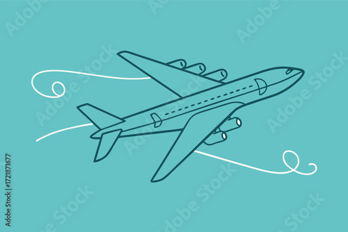 Modern airplane flying high in a blue sky with curved trails behind it