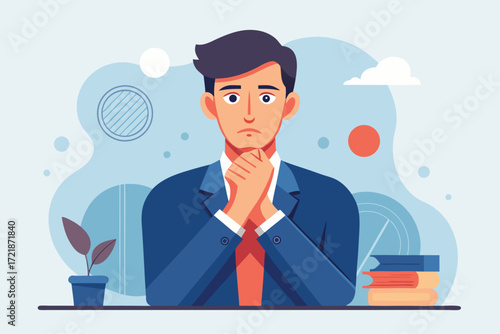 Man in formal attire sitting at a desk looking contemplative with a plant and books around