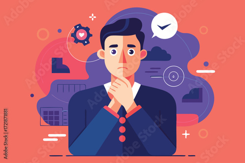 Man thinking deeply with a troubled expression while surrounded by abstract shapes and symbols
