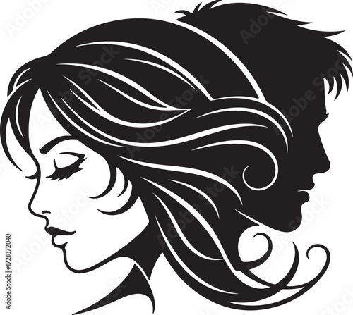 Black silhouette profile of a woman and a man facing opposite directions couple
