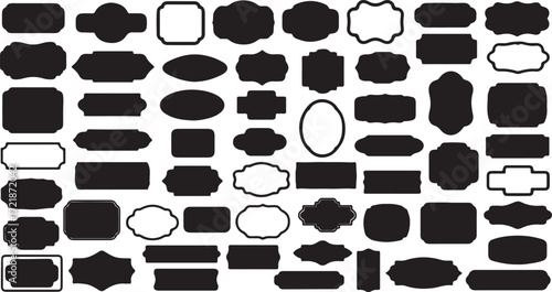 Collection of 70 black ornate decorative frames and labels on white background vintage