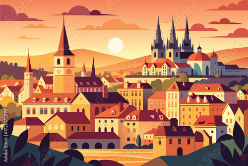 Colorful sunset view of a historic city with spires and vibrant rooftops