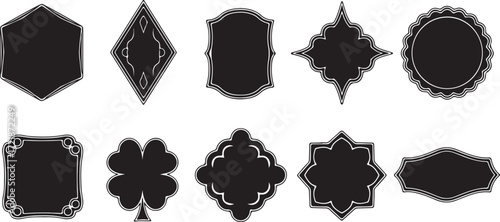 Collection of ten black decorative frames and shapes with white outlines on a white background