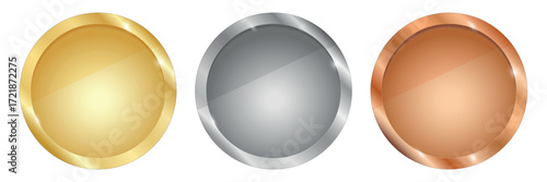 Golden, Silver and Bronze Empty Medals without Ribbons isolated on the White Metallic Effect