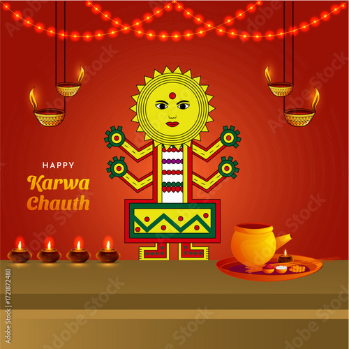 Karwa Chauth Indian festival celebration Poster, Banner or greeting card design with Karwa mata Vector Illustration.