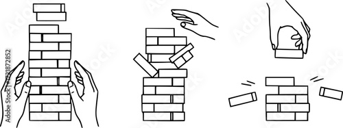 
Wood stack balances game icons set. Line icons representing hands building, balancing, and carefully removing blocks from a wooden tower structure