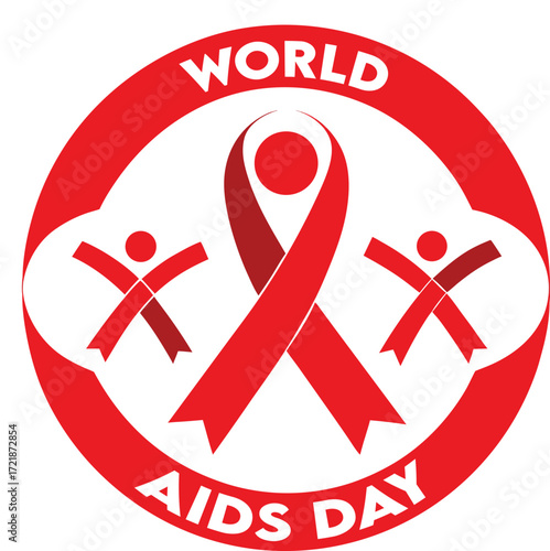 World aids day awareness emblem isolated on white background, featuring red ribbon, people, and circle, symbolizing support, prevention, and global health