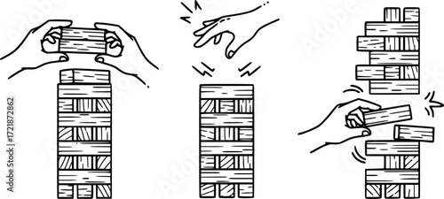 
Wood stack balances game icons set. Line icons representing hands building, balancing, and carefully removing blocks from a wooden tower structure