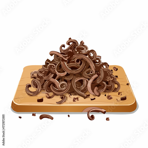 Pile of Chocolate Shavings on Wooden Cutting Board