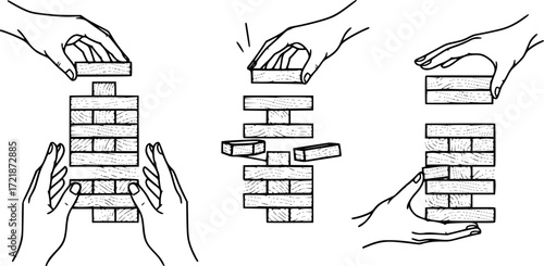 
Wood stack balances game icons set. Line icons representing hands building, balancing, and carefully removing blocks from a wooden tower structure