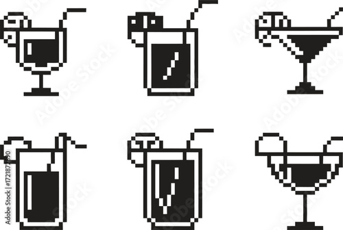 Pixel art collection of six retro style cocktails and drinks