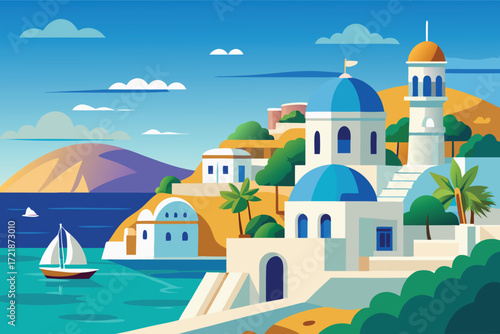 Beautiful coastal scene in Greece featuring blue domes, white buildings, and a sailboat in the distance