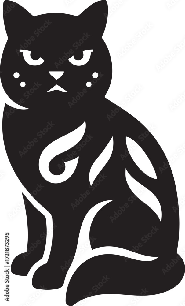 Obraz premium Sitting cat silhouette with tribal markings design, Black tribal cat vector illustration