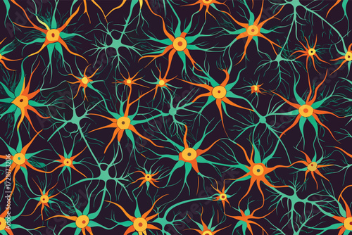 Brightly colored neurons connected in an intricate pattern on a dark background illustrating cellular activity