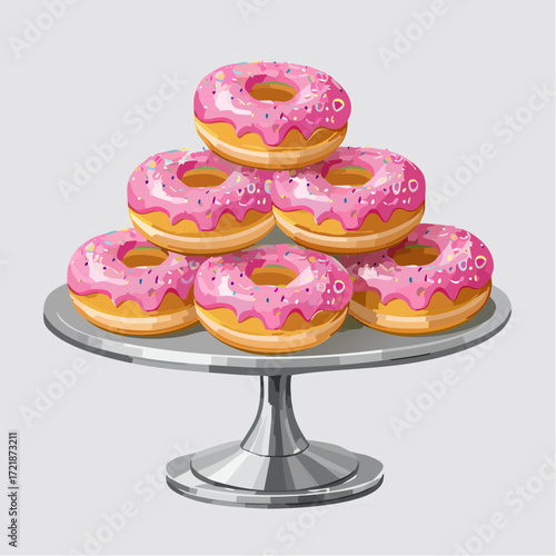 Pink Glazed Donuts Stacked on Silver Cake Stand
