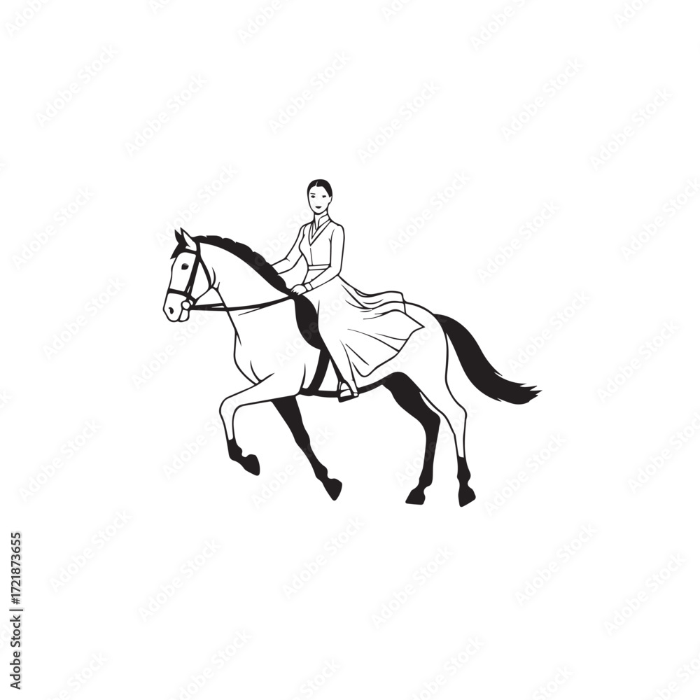 Fototapeta premium Black and white line art of a beautiful woman with perfect body riding horse elegant minimalist illustration