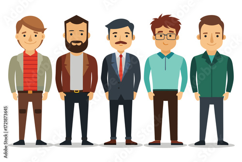 Group of five diverse men in various outfits standing together in a cheerful environment