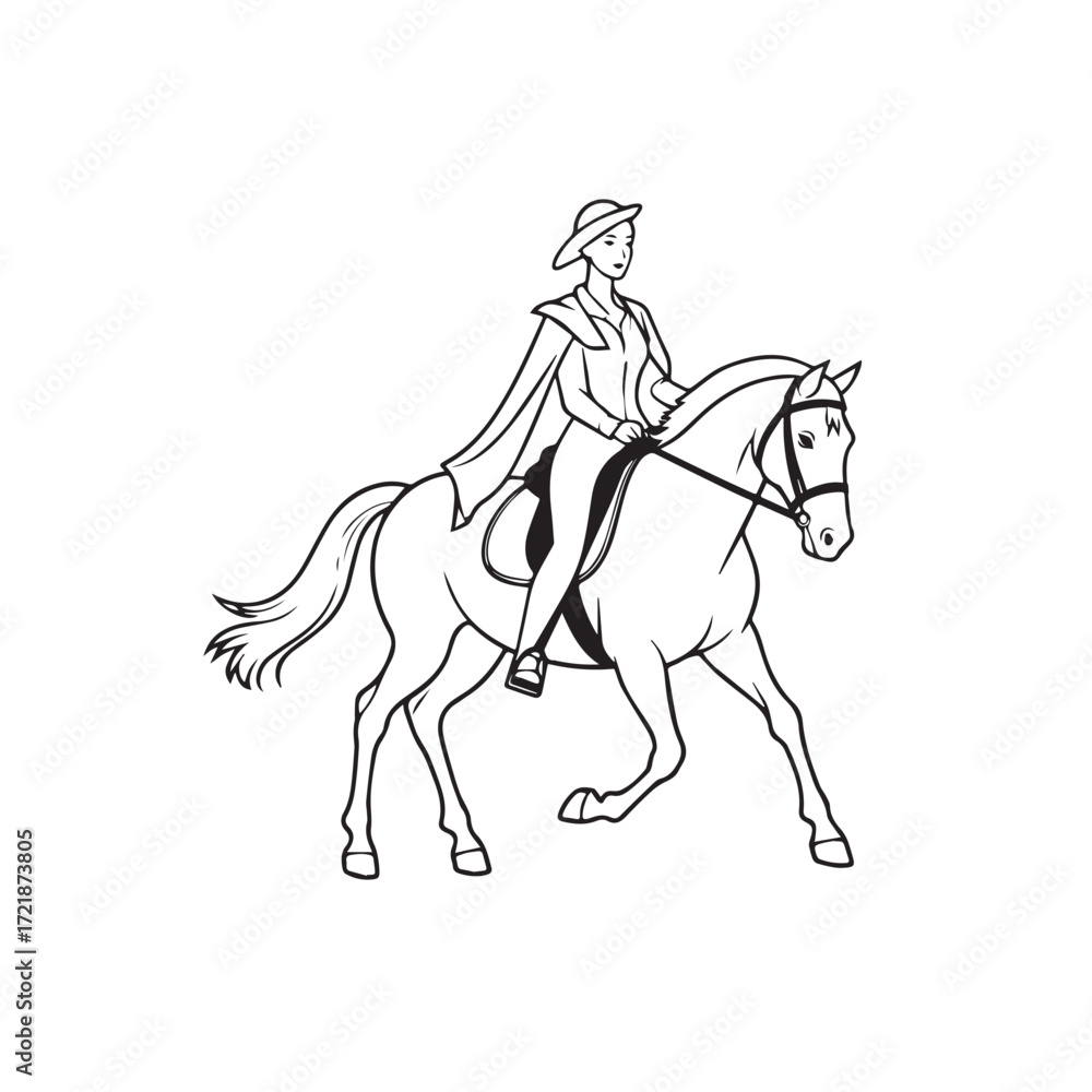 Fototapeta premium Black and white line art of a beautiful woman with perfect body riding horse elegant minimalist illustration
