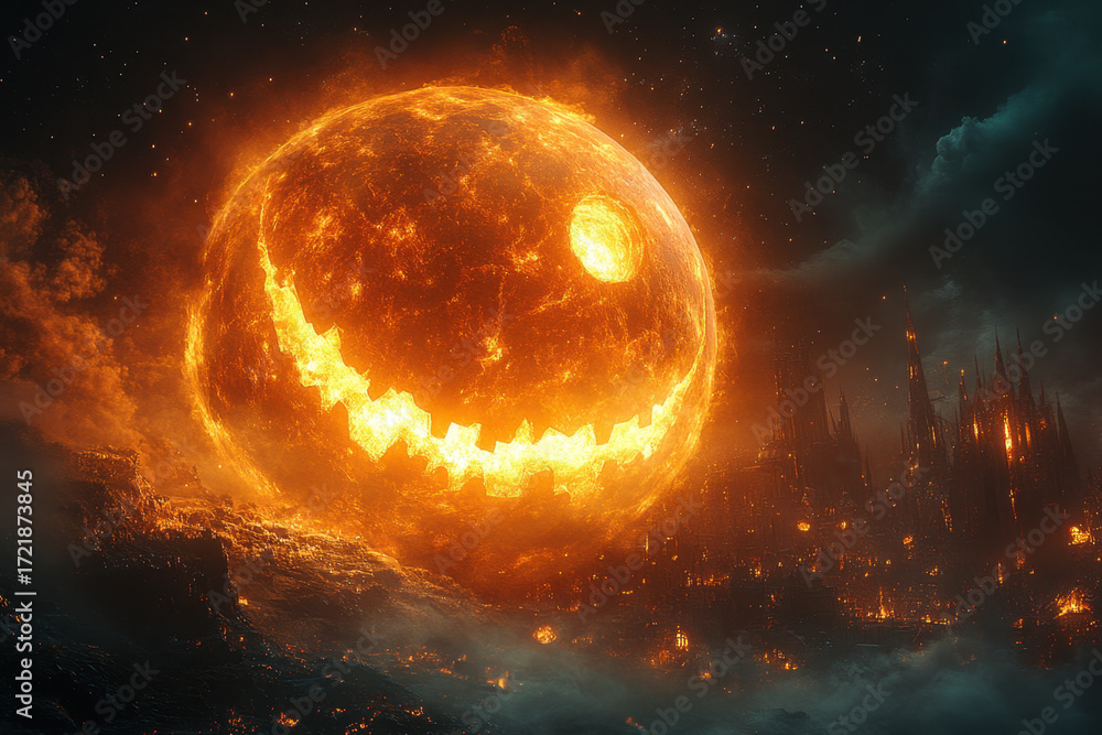 Obraz premium Giant sun hovering over cityscape.