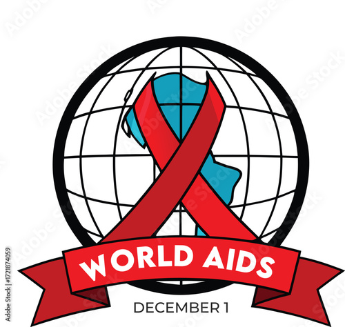 World aids day illustration with red ribbon and globe isolated on white background raising awareness and supporting people living with hiv