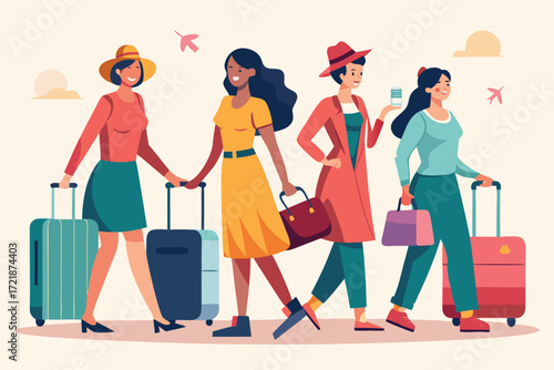 Women traveling with luggage walk together on a sunny day in a vibrant urban setting