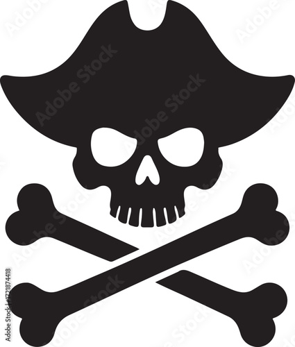 Black and white pirate skull and crossbones with bandana and tricorn hat vector illustration