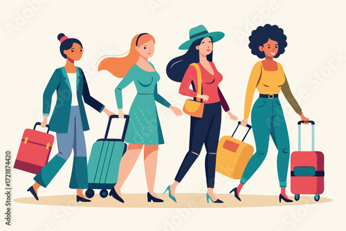 Group of stylish women walking with suitcases on their way to travel adventures in a vibrant setting