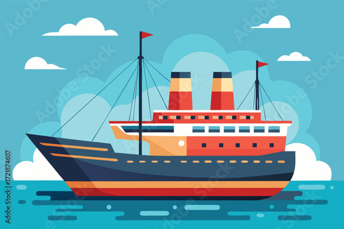 Colorful vintage ship sailing on calm blue waters with fluffy clouds in the sky