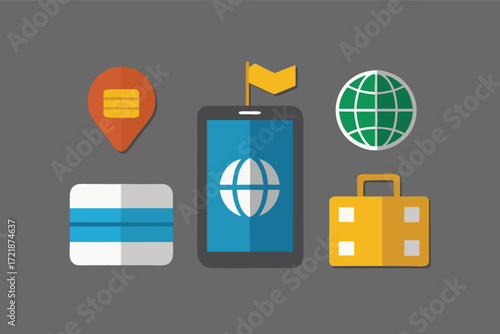 Travel planning tools with smartphone, suitcase, and globe icons on gray background for digital travel needs