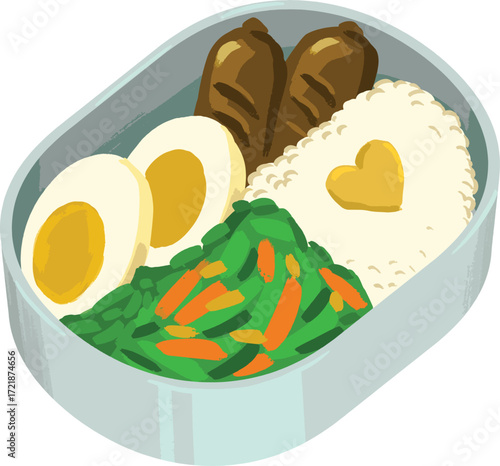 Bento box lunch with rice eggs sausages and vegetables