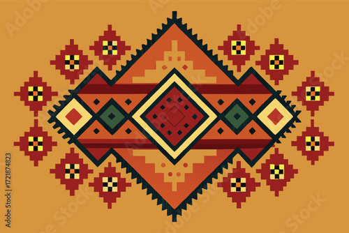 Vibrant geometric patterns display traditional textile art inspired by cultural heritage