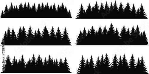 Conifer tree line silhouette set, forest density comparison, pine fir graphic, black nature illustration, landscape design, white background