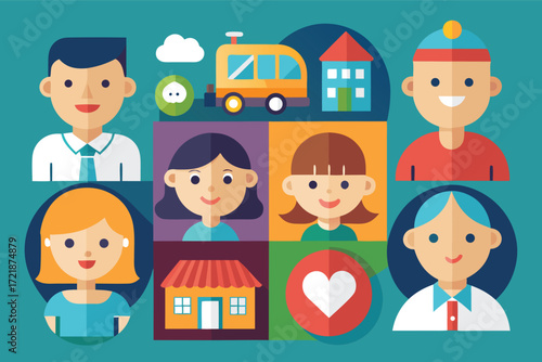 Colorful collage of diverse characters and objects representing daily life and community activities