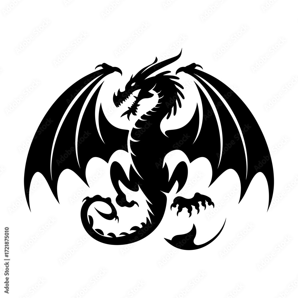 Fototapeta premium A vector dragon black color silhouette with spiky wings and flaming breath and powerful vector illustration