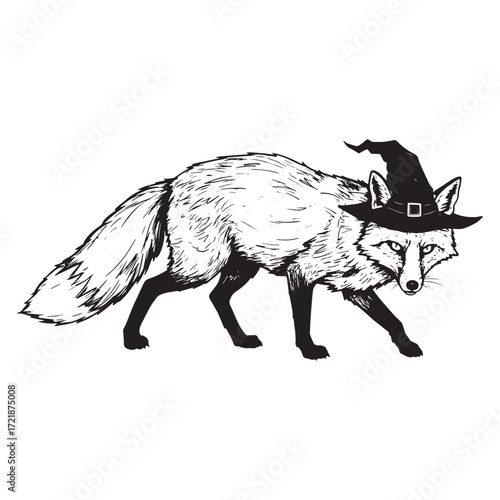 Black and white fox wearing a witch hat animal Halloween