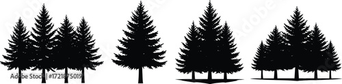 Conifer tree silhouette set, forest illustration styles, green nature graphic, landscape design, woodland group art, stylized tree collection