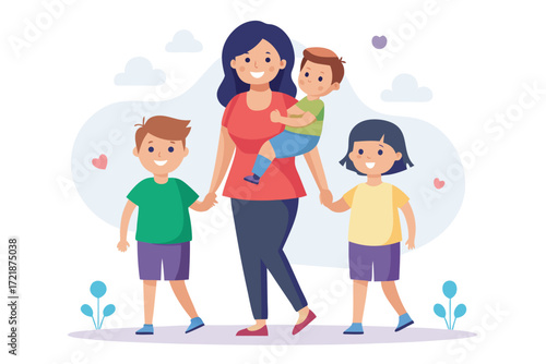 Happy mother enjoying a playful moment with her three young children in a bright outdoor setting