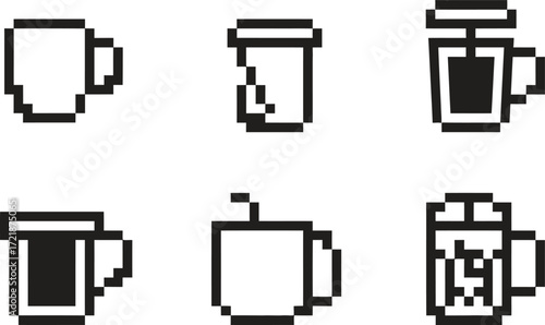 Pixel art icons of various coffee and drink cups