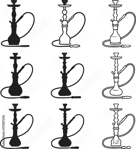 Collection of Hookah Icons in Black and White Styles Keywords: hookah, shisha, water pipe, smoking, tobacco