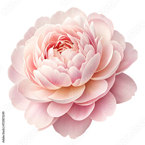 Delicate peony flower with layered pastel pink petals and soft gradients isolated on a transparent background