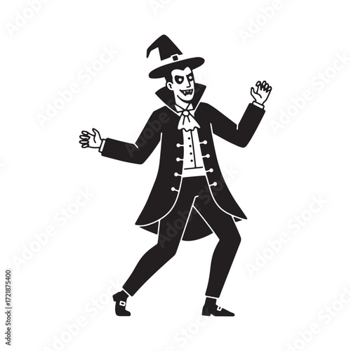 Cartoon vampire in a hat and cape dancing halloween