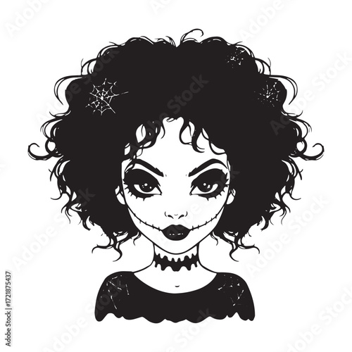 Curly Haired Goth Girl With Stitched Mouth And Spider Webs
