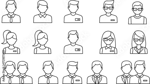Diverse employee icons, professional avatars, black and white line art, team illustration, business portraits, workplace diversity, corporate characters, profile drawings