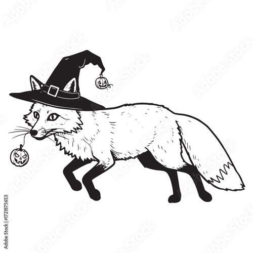 Fox in a witch hat holding Halloween pumpkins animal