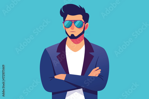 Stylish man with sunglasses poses confidently against a bright blue background