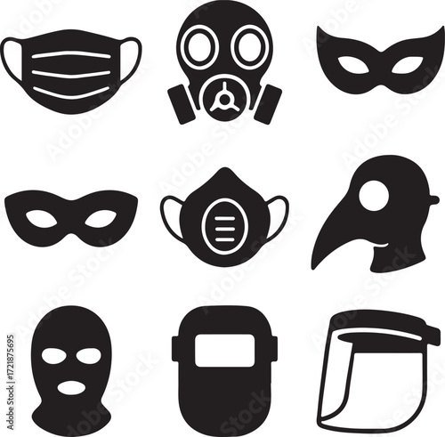 Collection of nine black and white protective face mask icons gas mask respirator