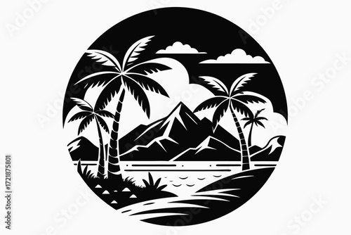 Scenic tropical landscape with mountains and palm trees under a cloudy sky